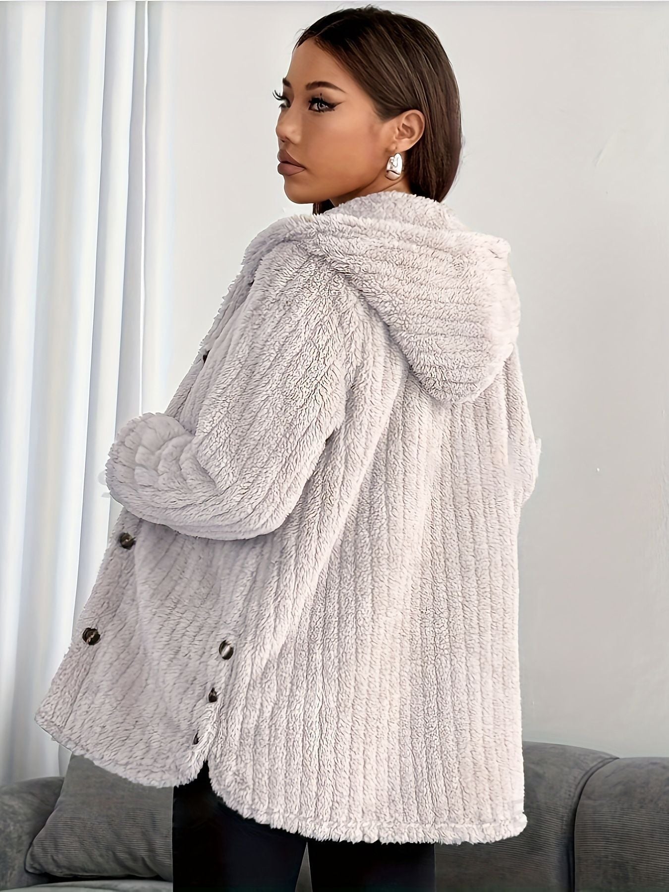 Women's Hooded Cardigan with Front Pockets and Long Sleeves