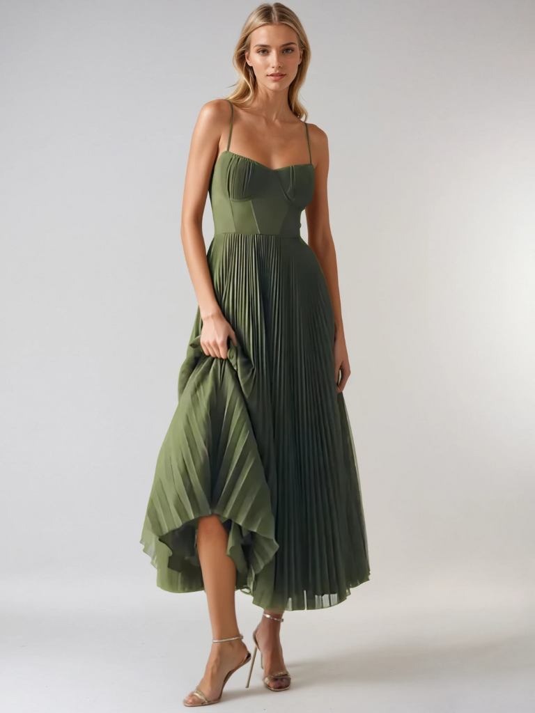 Women's Pleated Maxi Dress with Sculpted Design and Flowy Silhouette