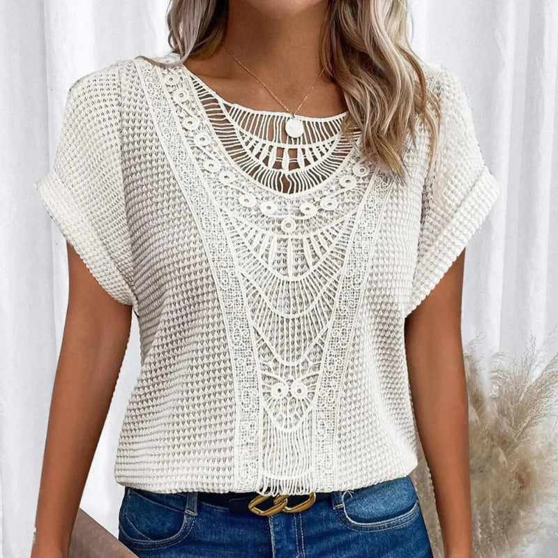 Women's Round Neck Top with Lace Trim and Soft Fabric