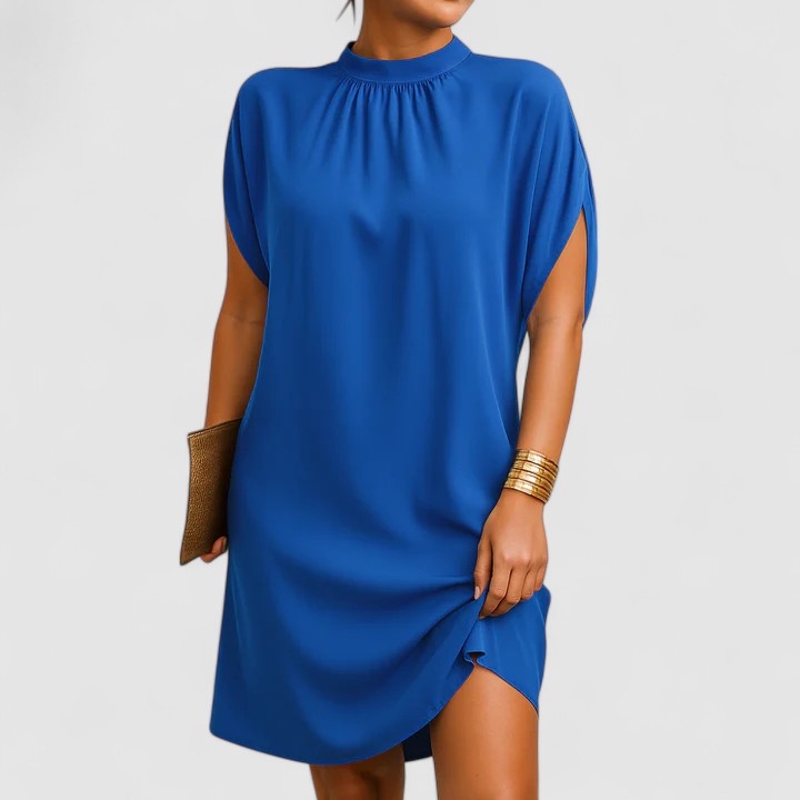 Women's Midi Dress with Mock Neck and Batwing Sleeves