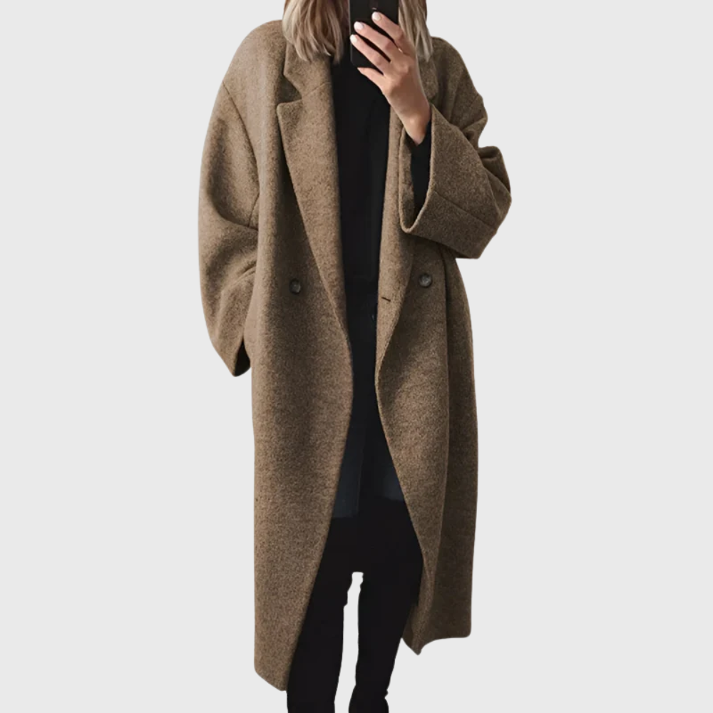 Women's Longline Overcoat with Button Closure and Side Pockets