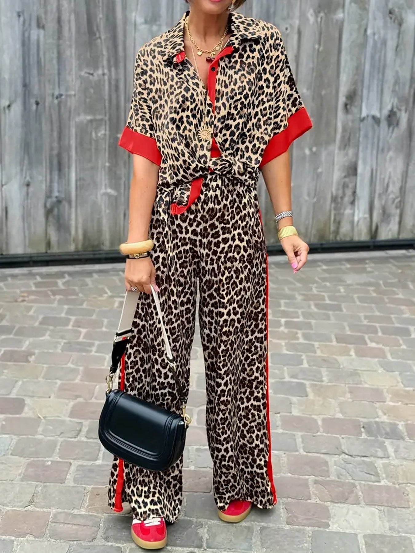 Women's Wide Leg Pants with Fluid Design and Leopard Print