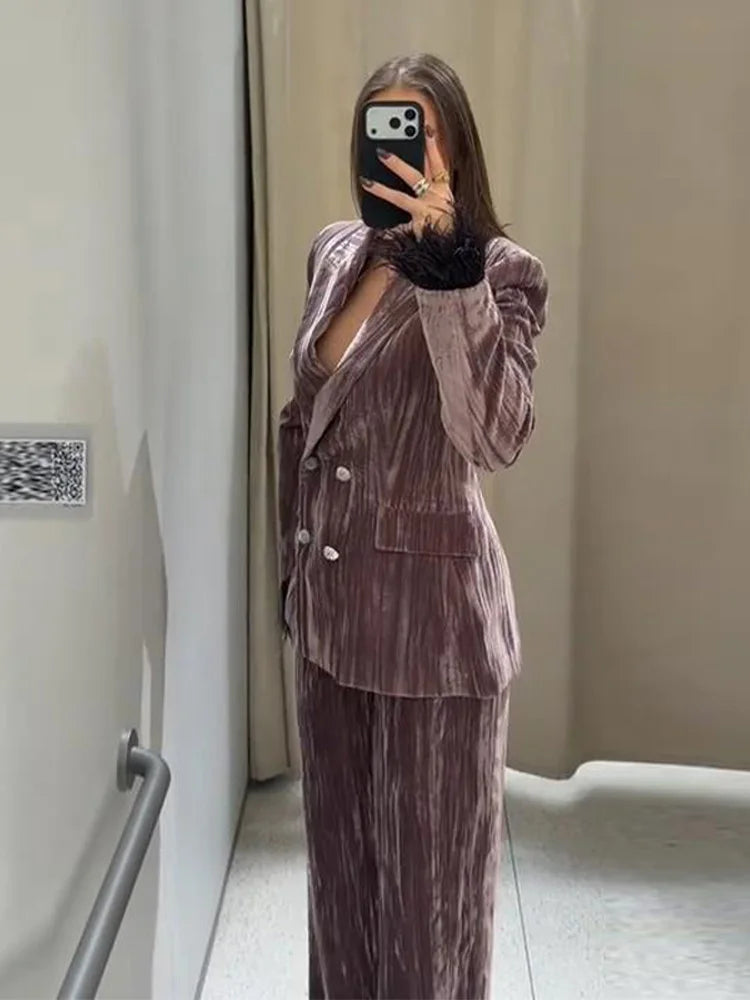 Women's Double-Breasted Notch Lapel Blazer and Wide-Leg Pants Dressy Set | Two-Piece
