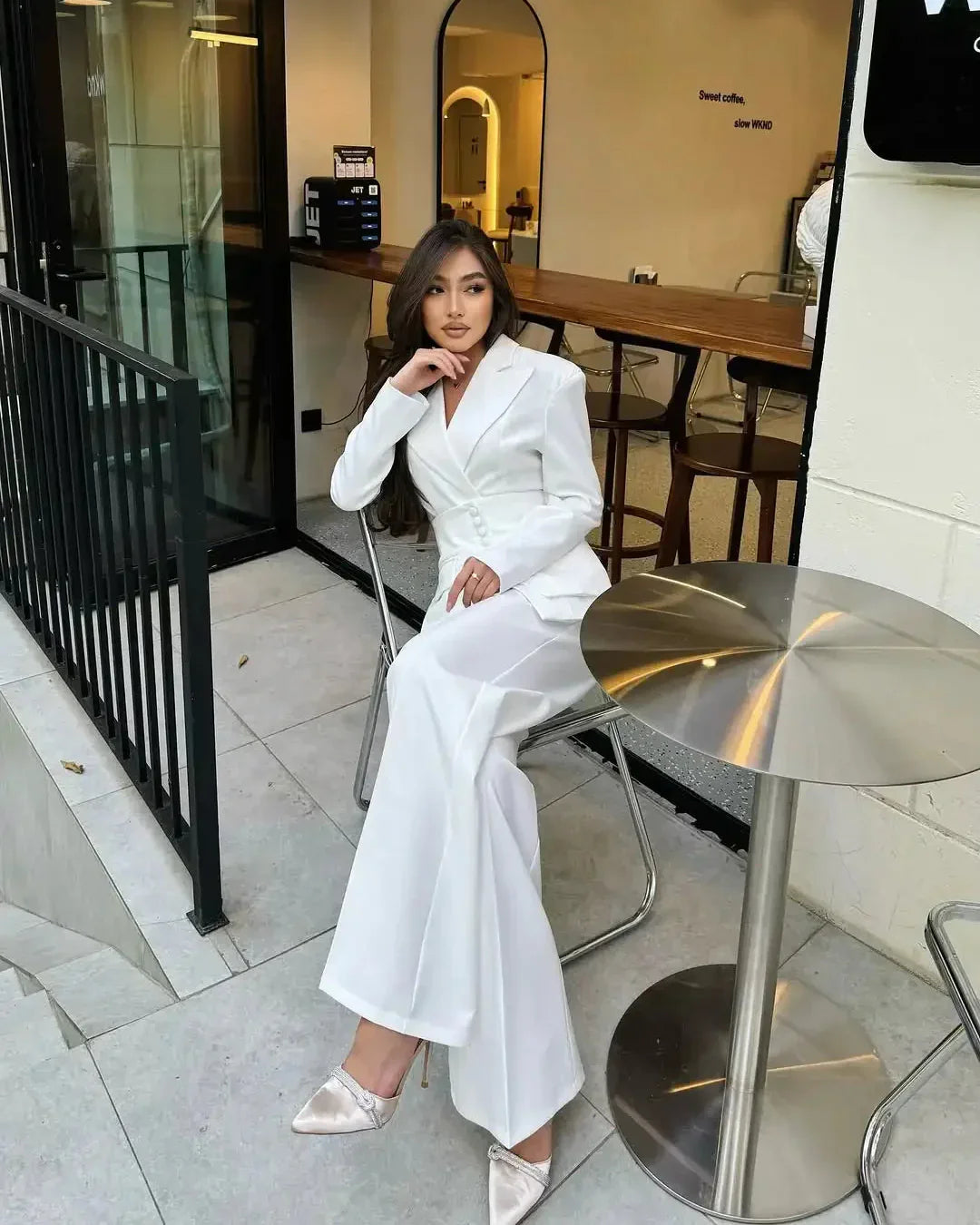 Women's Peak Lapel Multi-Button Blazer and Wide-Leg Pants Set | Two-Piece