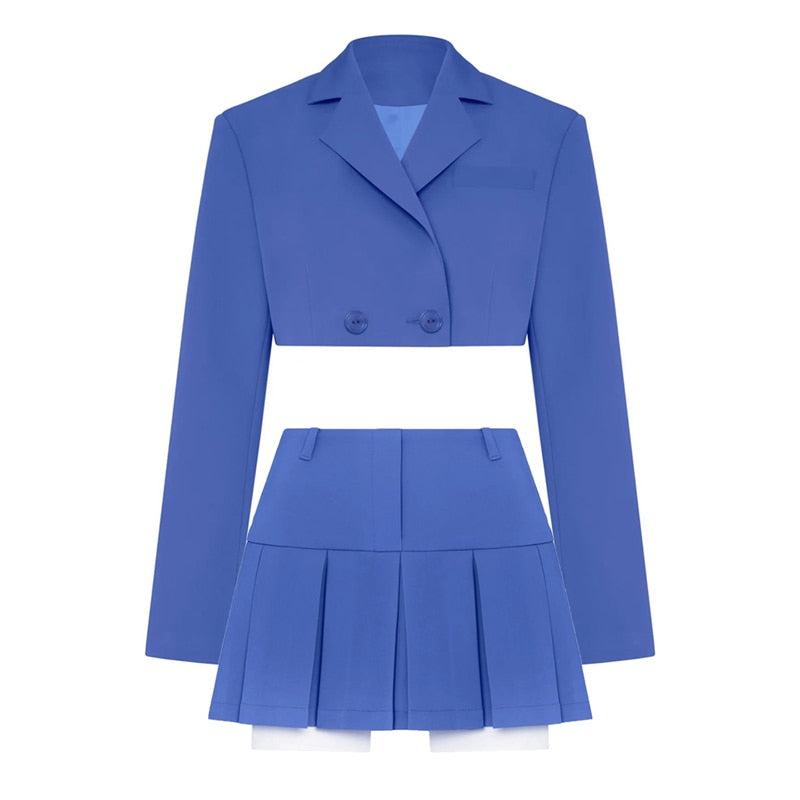 Women's Cropped Double-Breasted Blazer and Pleated Mini Skirt Set | Notch Lapels and Box Pleats