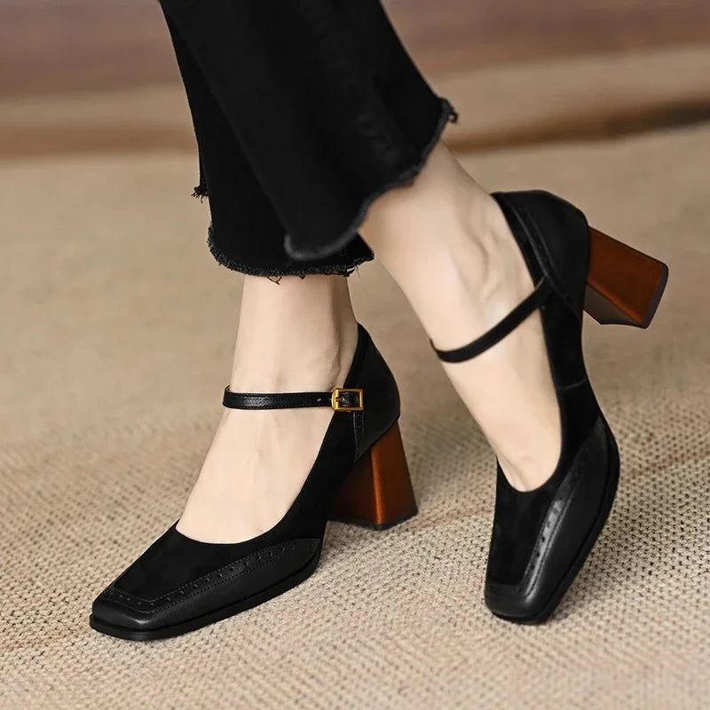 Constance | Women's Square Toe Block Heel Pumps Ankle Strap Brogue