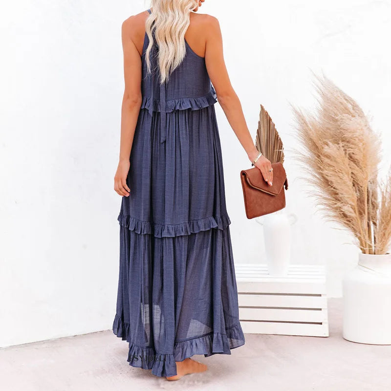 Women's Sleeveless Dress with Ruffles and Flowy Design