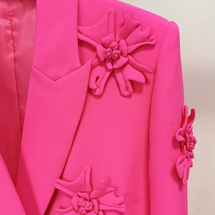 Women's Double-Breasted Blazer and Wide-Leg Pants Dressy Set | 3D Flower Appliques
