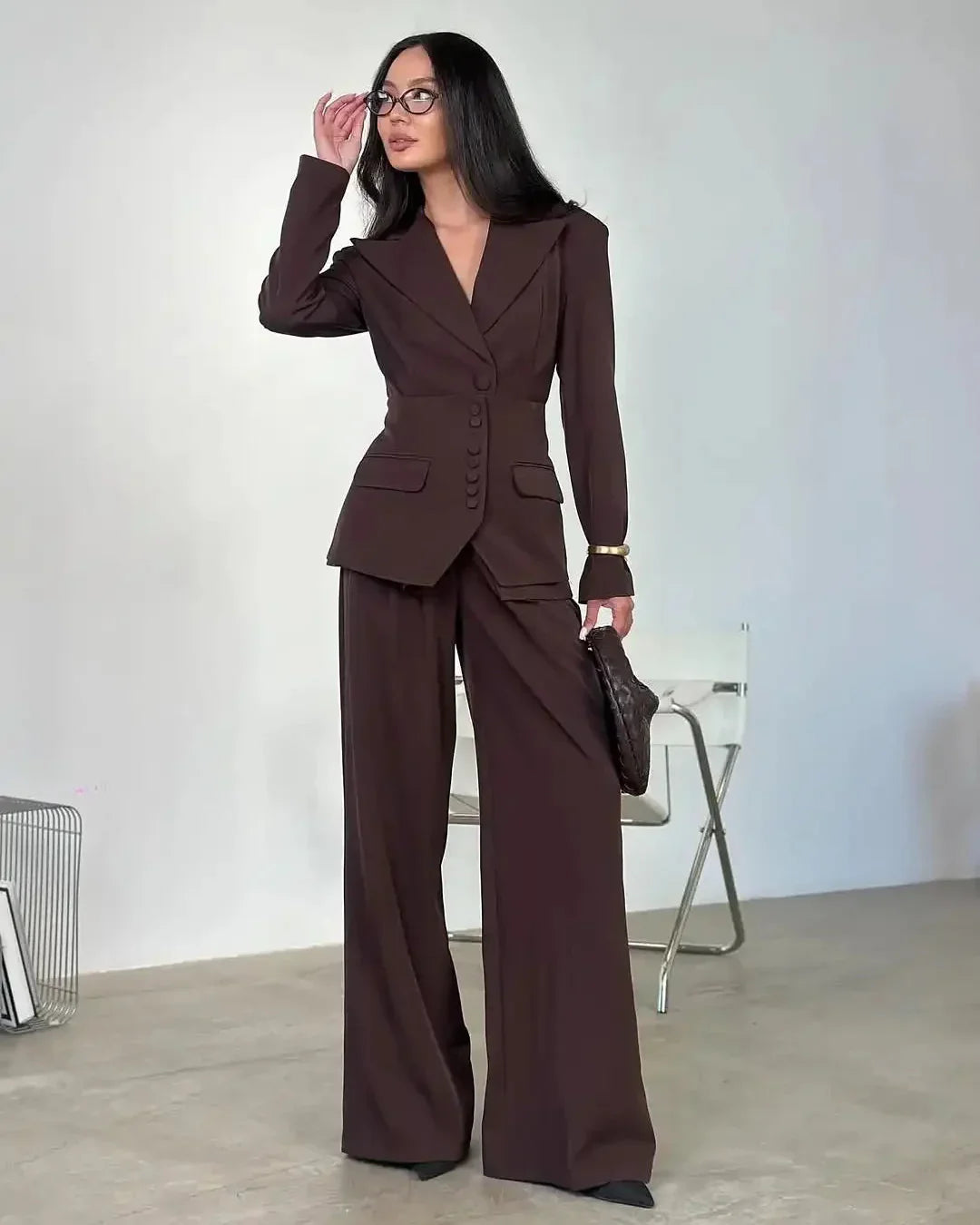 Women's Peak Lapel Multi-Button Blazer and Wide-Leg Pants Set | Two-Piece