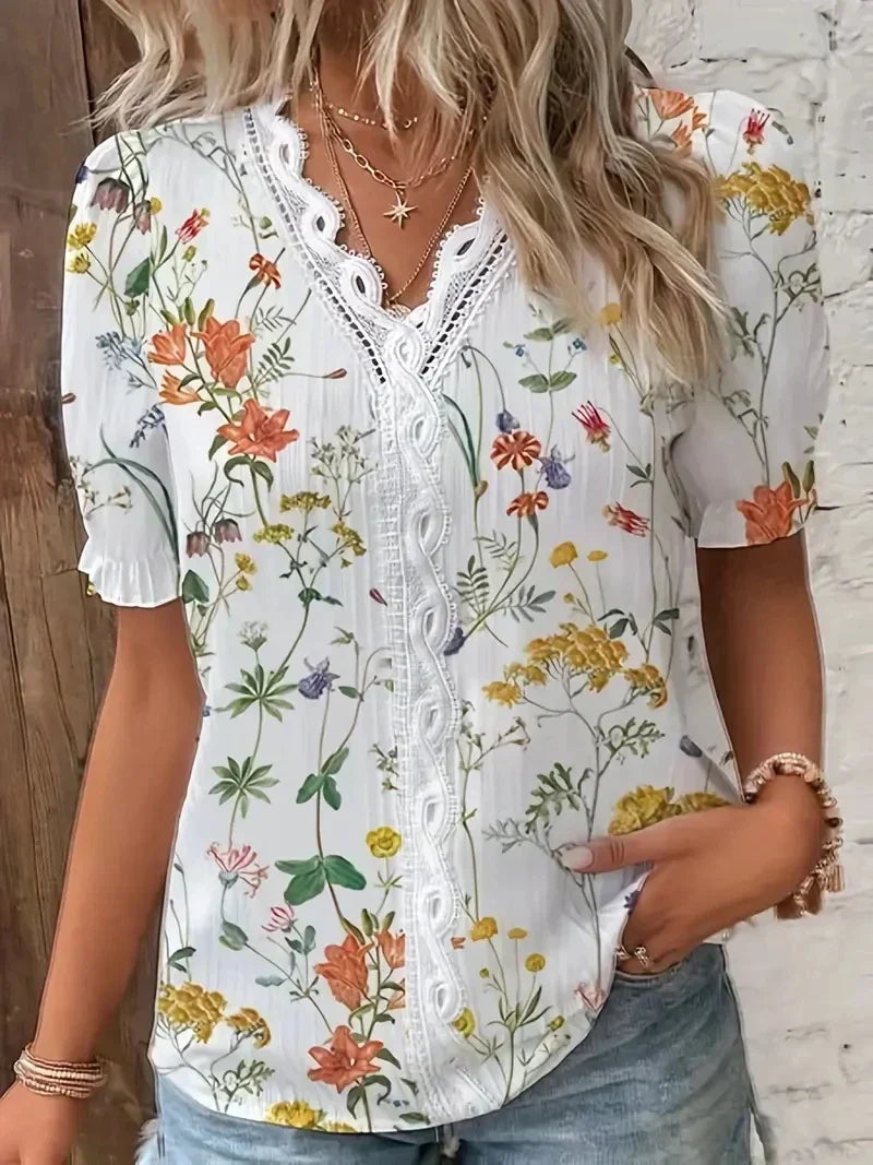 Women's Floral Lace Blouse with V-Neck and Short Sleeves