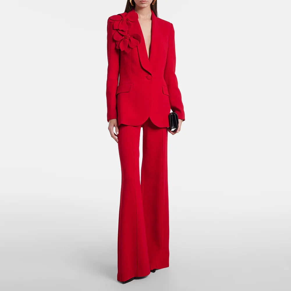 Women's Shawl Lapel Single-Button Blazer and Flared Pants Set | Two-Piece