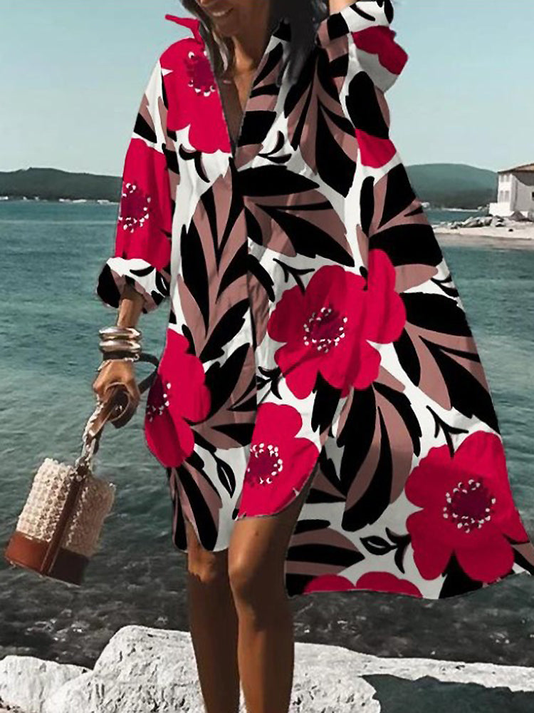 Women's Midi Shirt Dress with Button Closure and Short Sleeves