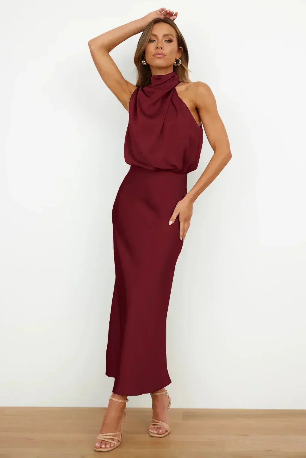 Women's Halter Evening Dress with Open Back and Floor-Length Design