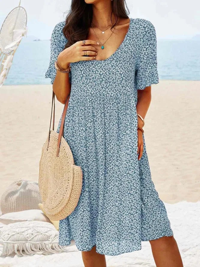 Women's Ditsy Floral Smock Dress with V-Neck and Short Sleeves