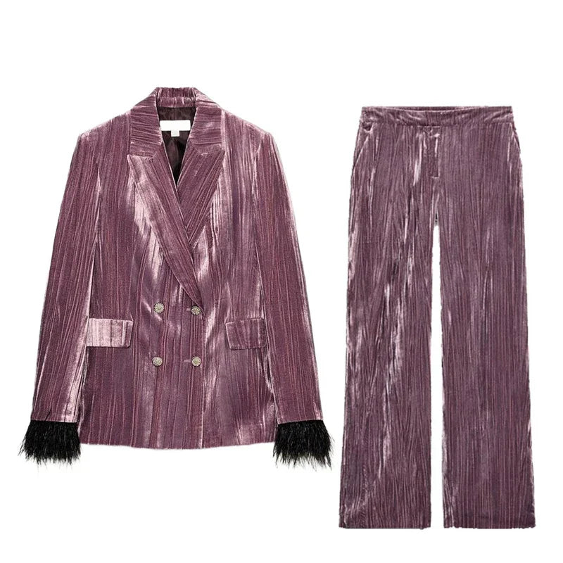 Women's Double-Breasted Notch Lapel Blazer and Wide-Leg Pants Dressy Set | Two-Piece
