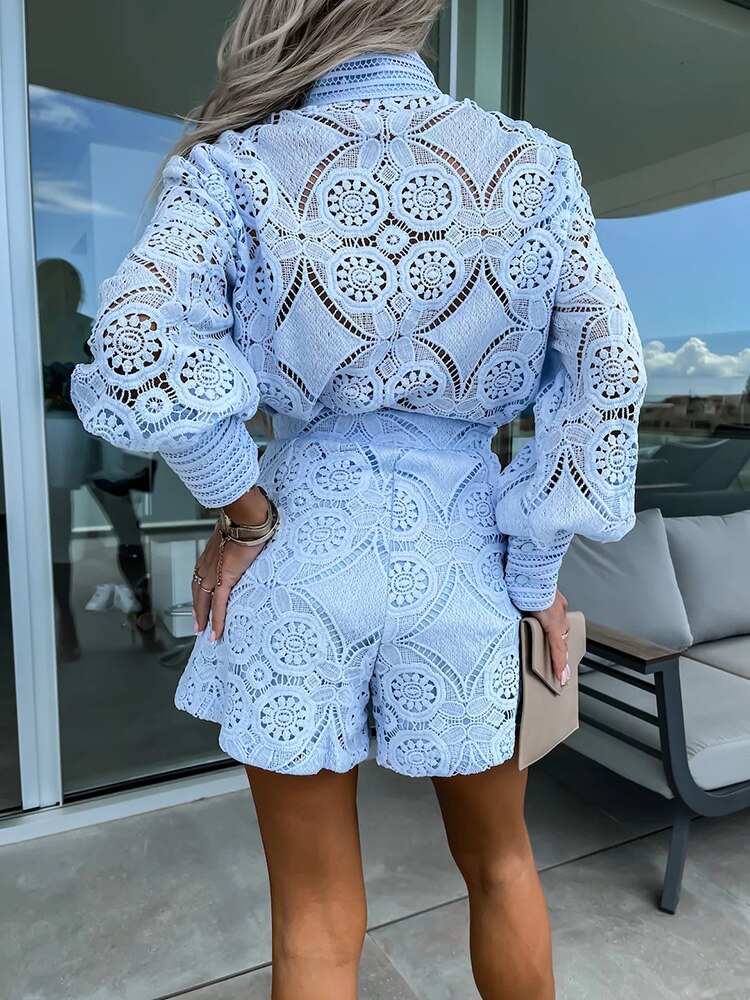 Women’s Two-Piece Set with Long Sleeve Blouse and Shorts | Clean Design