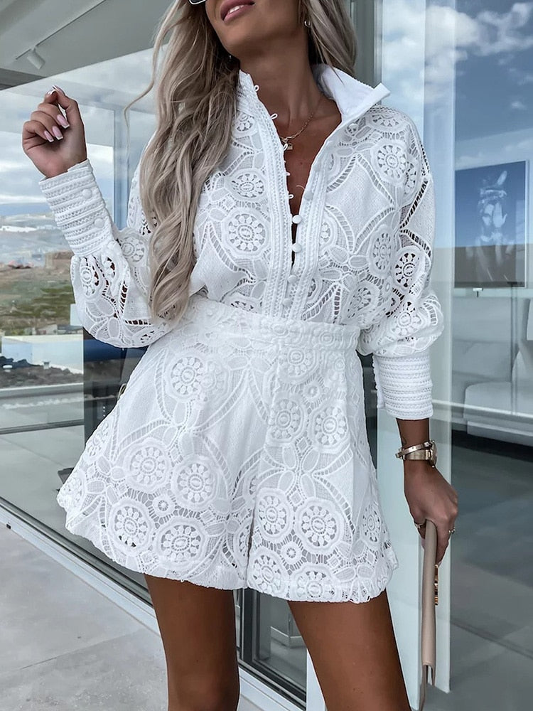 Women’s Two-Piece Set with Long Sleeve Blouse and Shorts | Clean Design