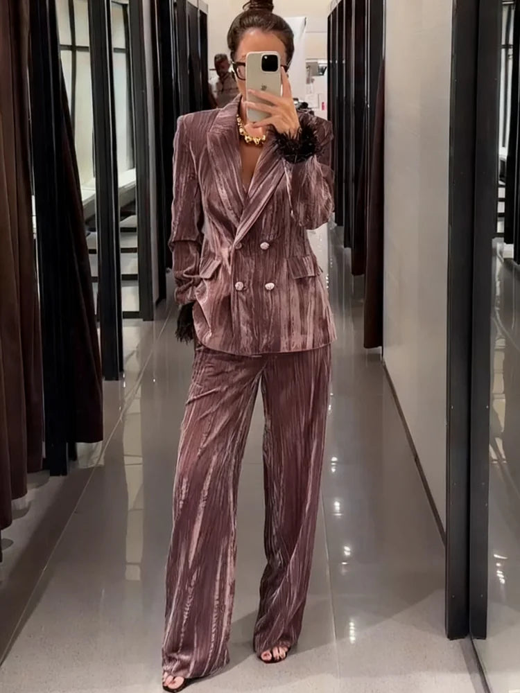 Women's Double-Breasted Notch Lapel Blazer and Wide-Leg Pants Dressy Set | Two-Piece