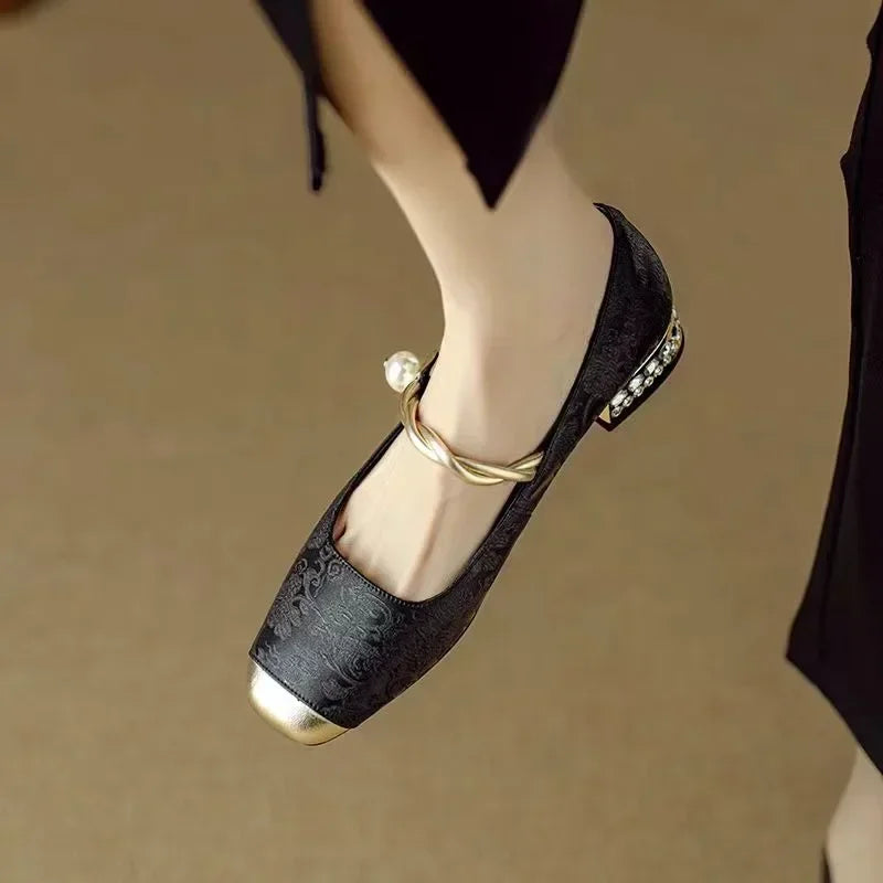 Celeste | Women's Pearl Strap Mary Jane Shoes Glitter Block Heel