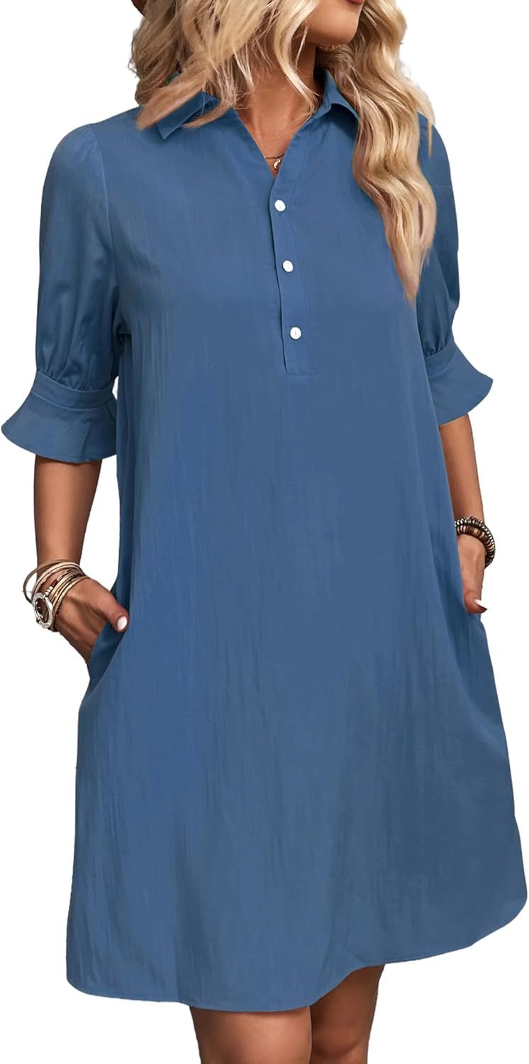 Women's Button-Down Shirt Dress with 3/4 Sleeves and Knee Length