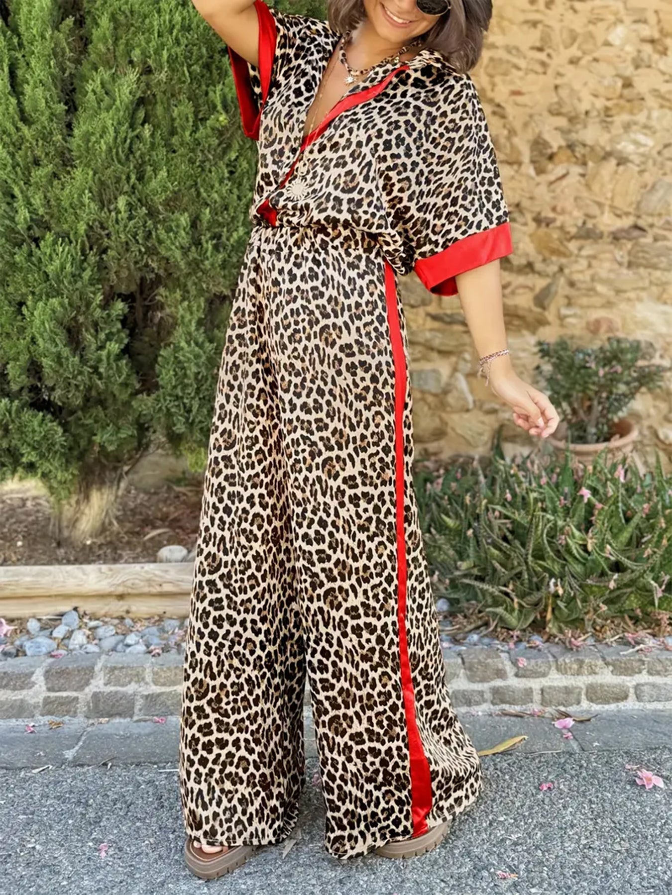 Women's Wide Leg Pants with Fluid Design and Leopard Print