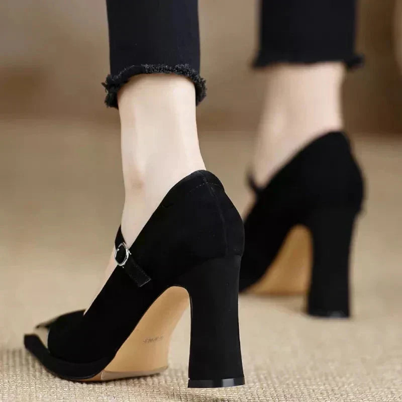 Serena | Women's Mary Jane High Heel Pumps Cap Toe Block Heel Strap