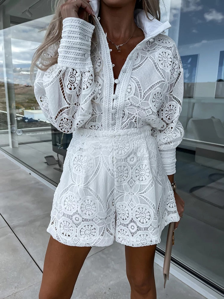 Women’s Two-Piece Set with Long Sleeve Blouse and Shorts | Clean Design