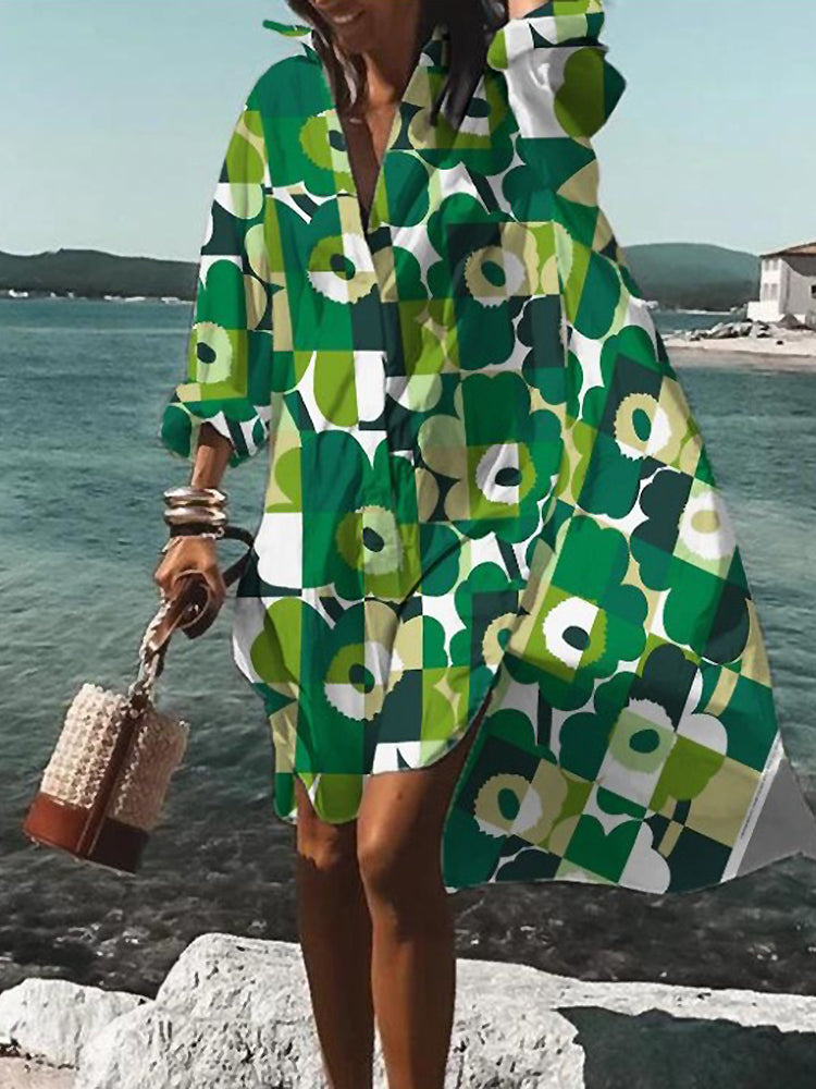 Women's Midi Shirt Dress with Button Closure and Short Sleeves