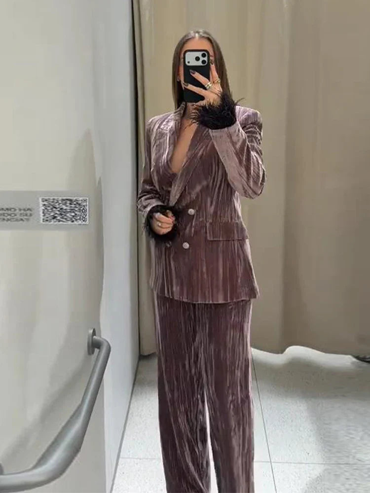 Women's Double-Breasted Notch Lapel Blazer and Wide-Leg Pants Dressy Set | Two-Piece
