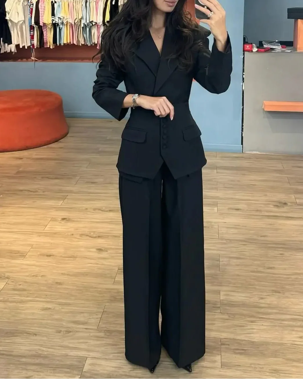 Women's Peak Lapel Multi-Button Blazer and Wide-Leg Pants Set | Two-Piece