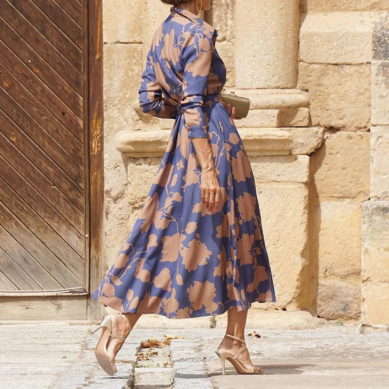 Women's Long Sleeve Draped Midi Dress with Lace Detail and Flowing Design