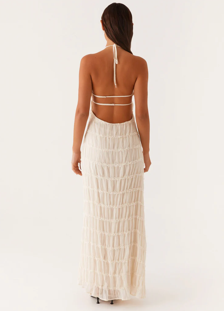 Women's Halter Maxi Dress with Flowing Skirt and Adjustable Neckline