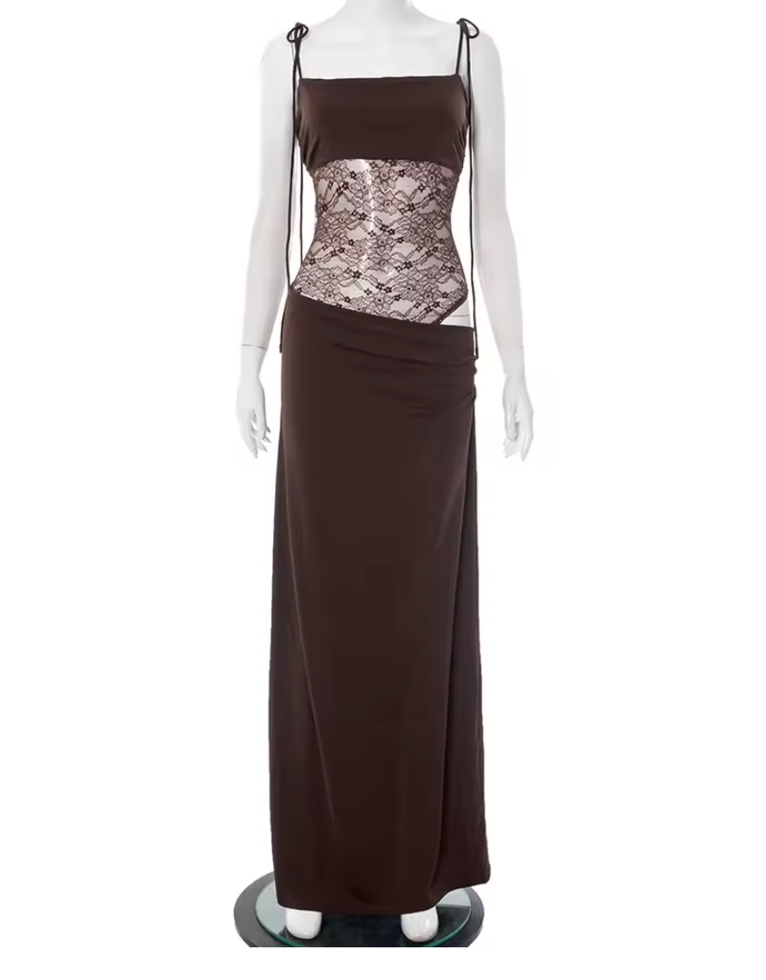Women's Long Dress with Lace Detail and Classic Design