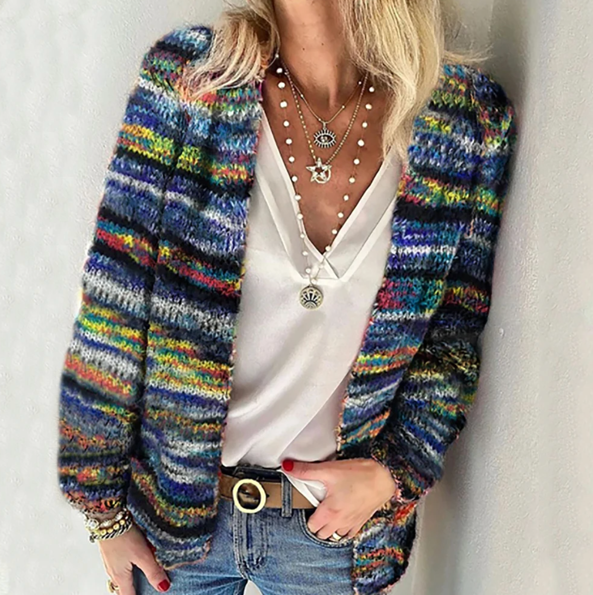 Women's Multicolor Cardigan with Open Front and Long Sleeves