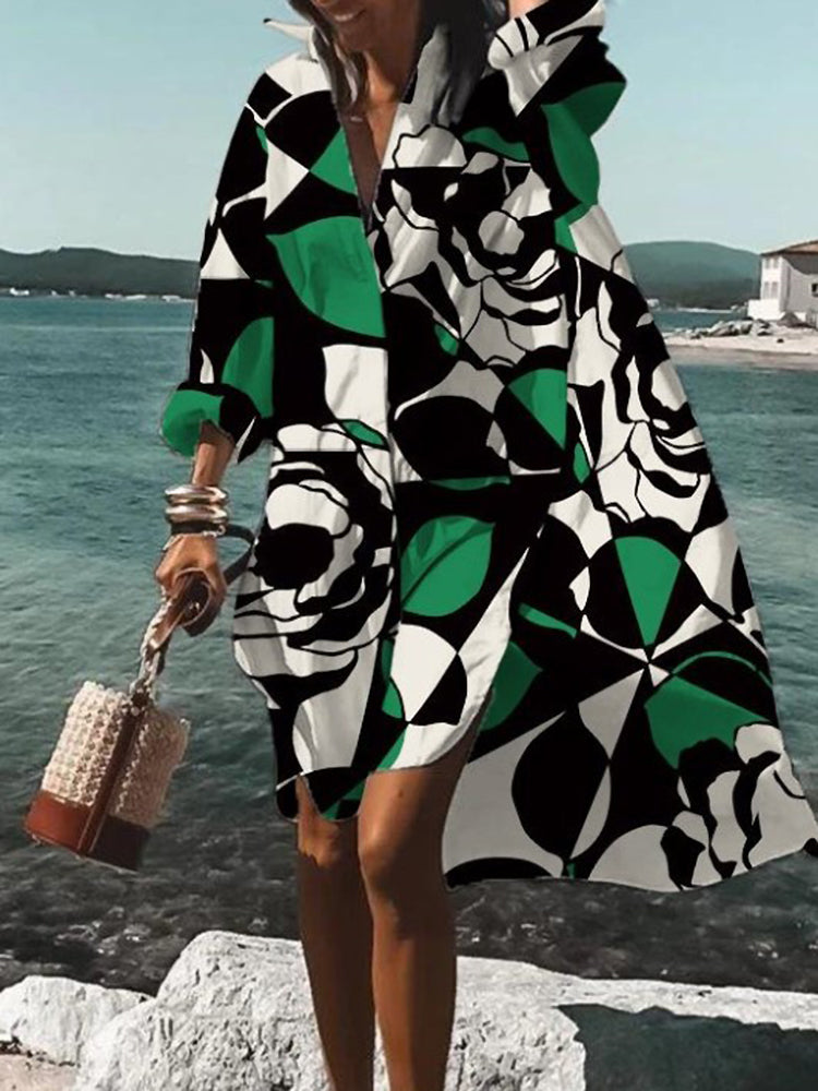 Women's Midi Shirt Dress with Button Closure and Short Sleeves