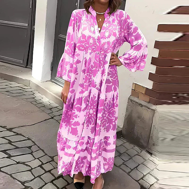 Women's Boho Maxi Dress with Flowing Design and Printed Pattern
