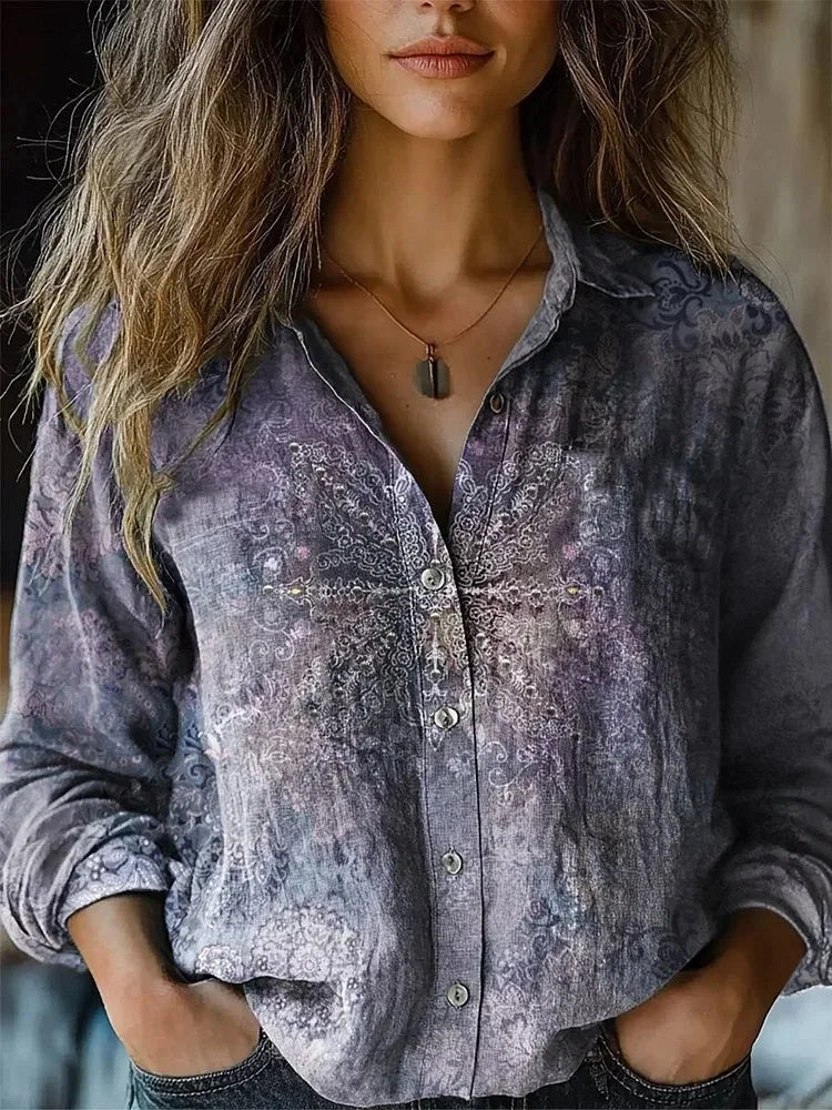 Women's Long Sleeve Button-Down Shirt with Floral Print and Autumn Colors