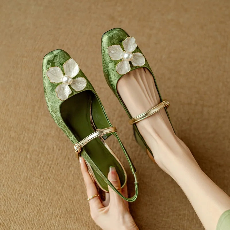 Isabeau | Women's Floral Mary Jane Pumps Block Heel Jacquard Strap