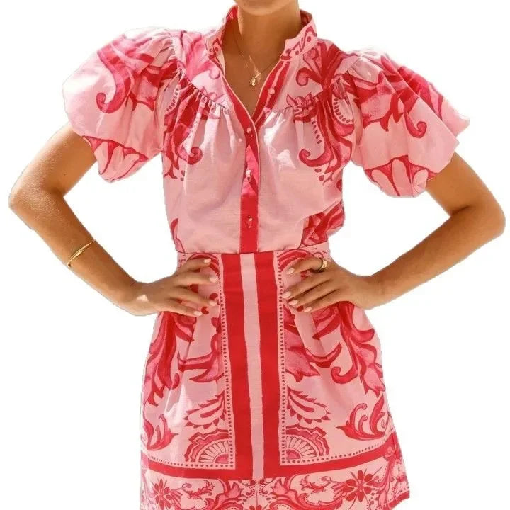 Women's Puff Sleeve Mini Dress with Floral Print and Relaxed Fit