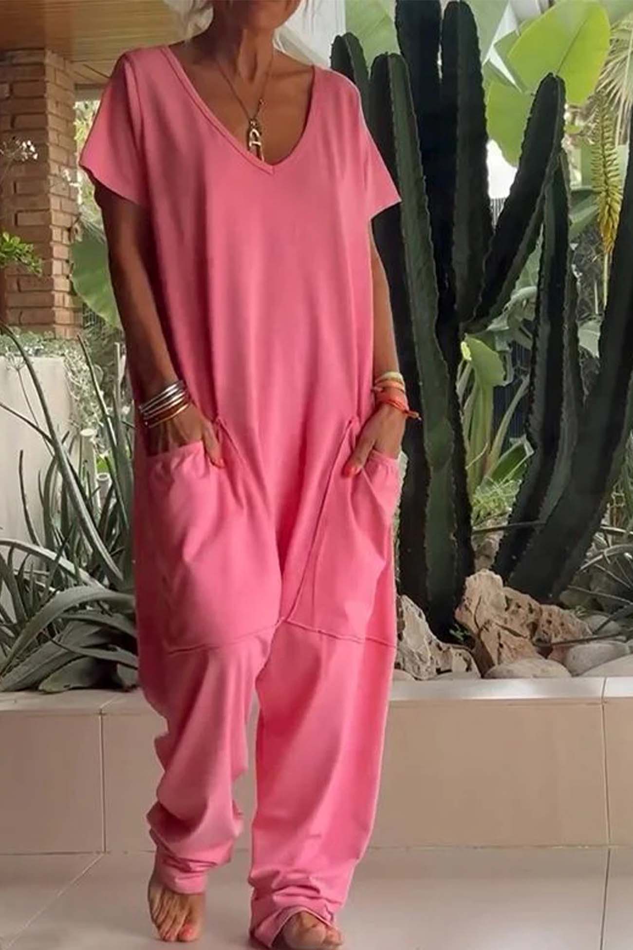 Women's V-Neck Short Sleeve Jumpsuit with Pockets and Loose Fit