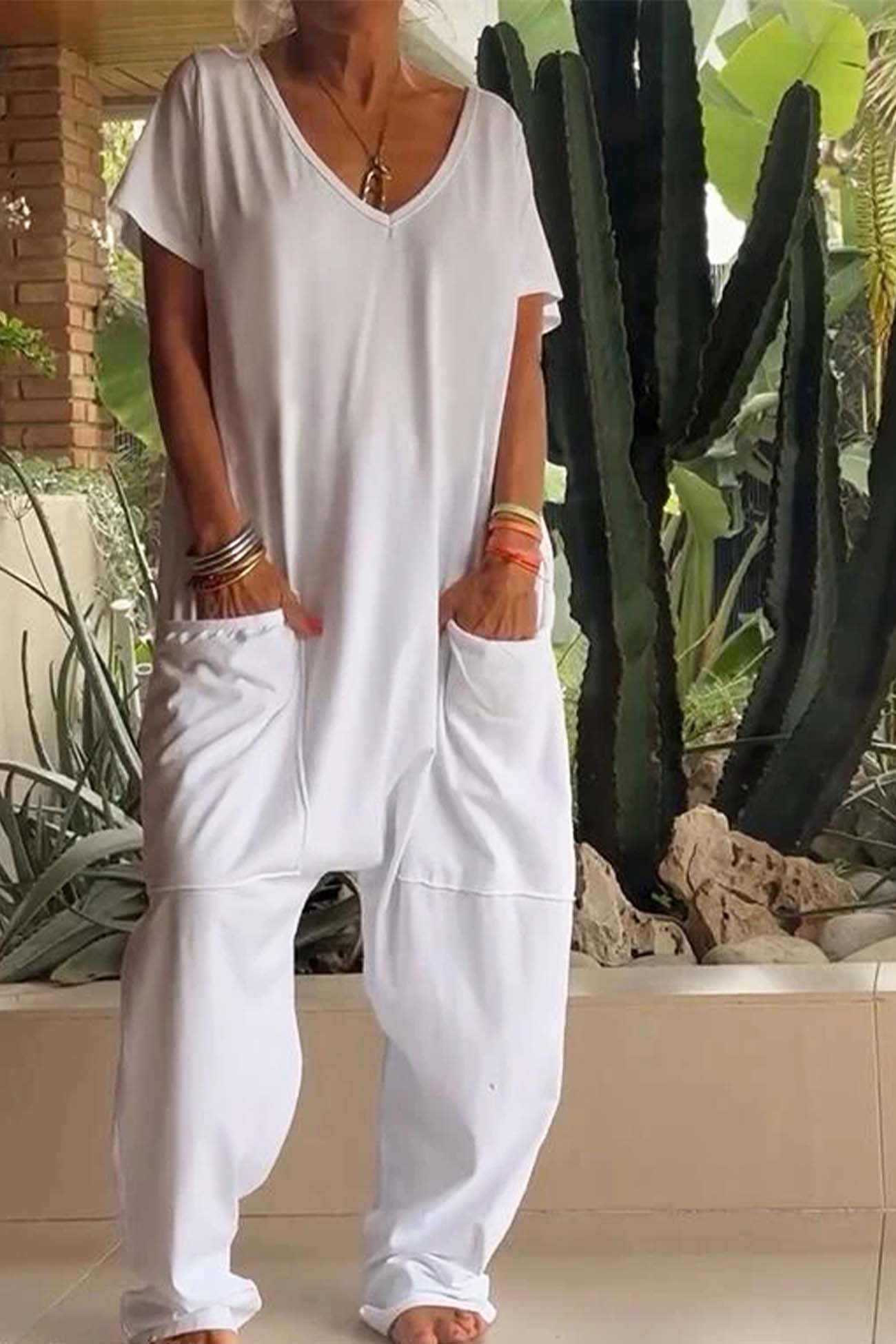 Women's V-Neck Short Sleeve Jumpsuit with Pockets and Loose Fit