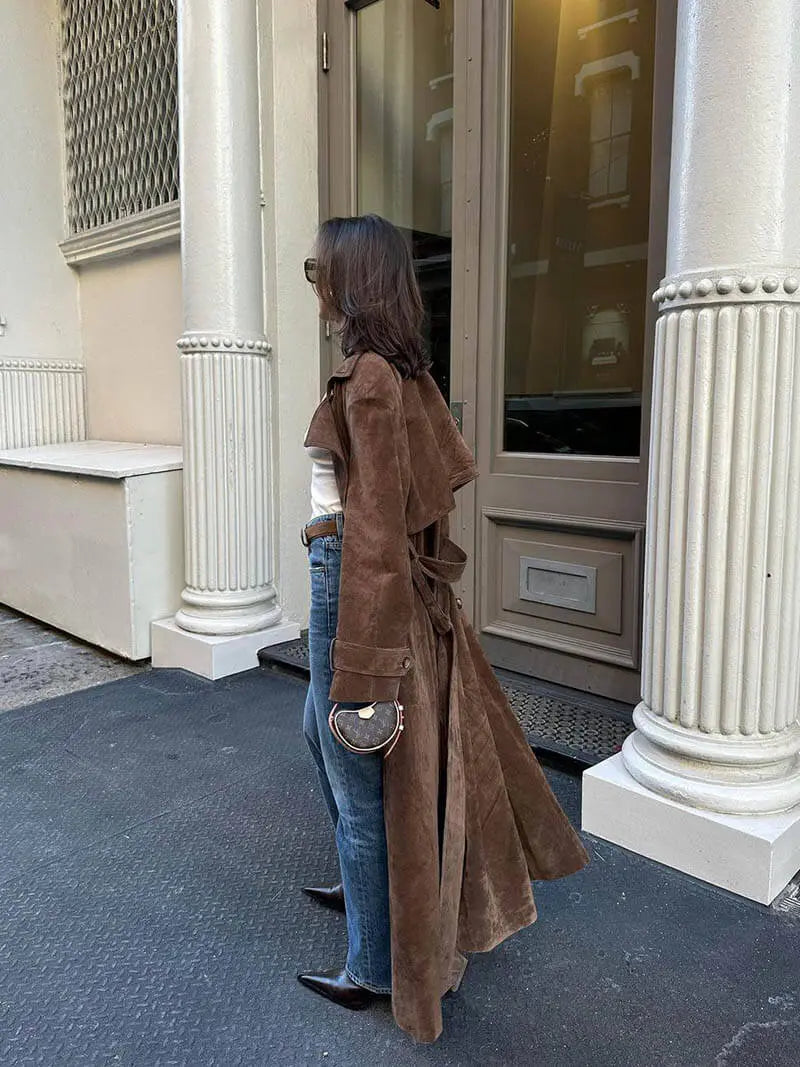 Elegant Faux Suede Trench Coat