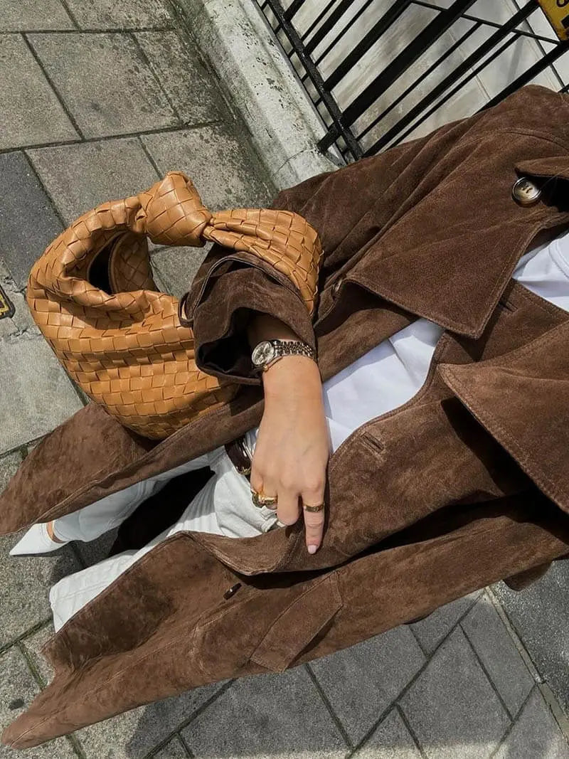 Elegant Faux Suede Trench Coat