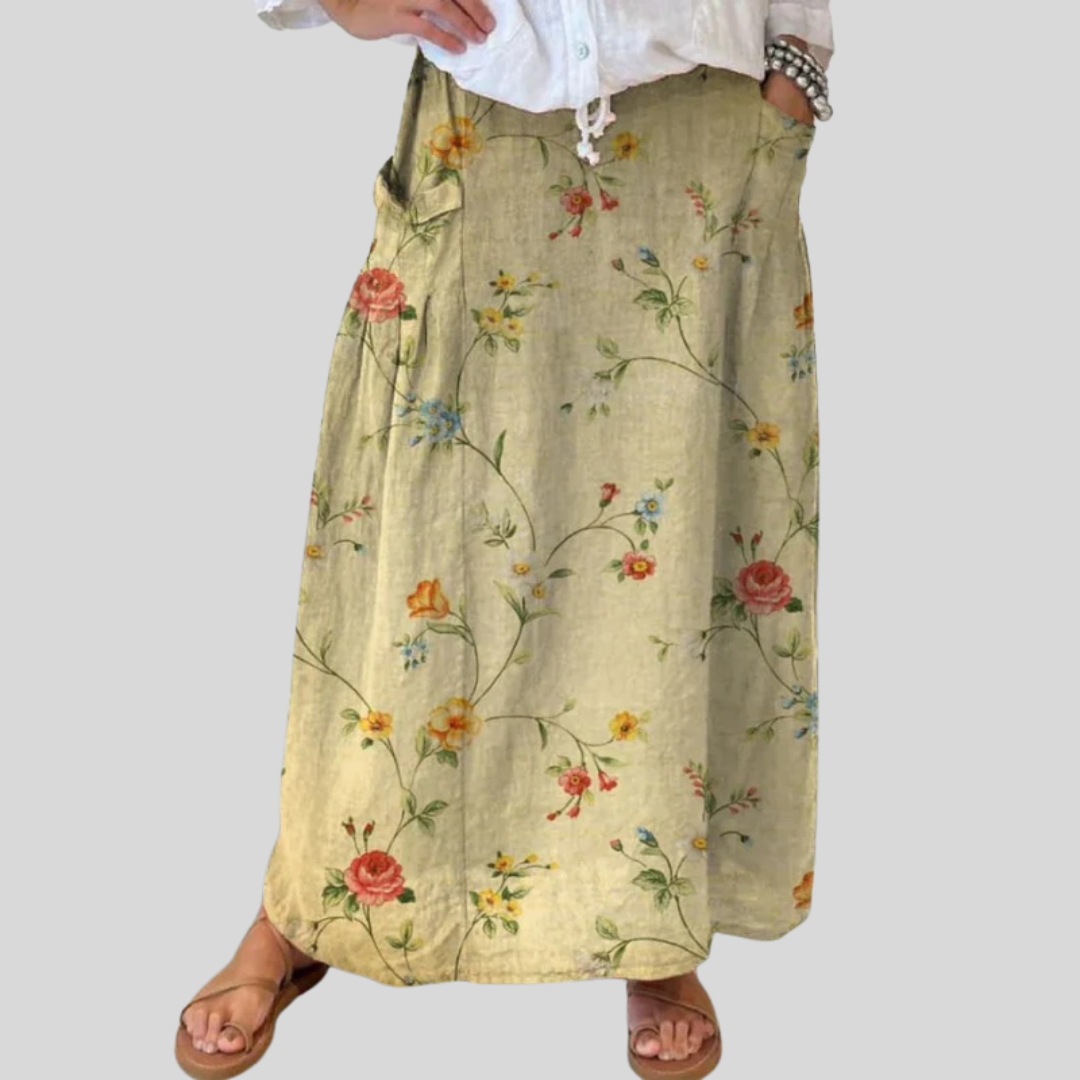 Women's Floral Art Skirt with Elastic Waistband and Pockets