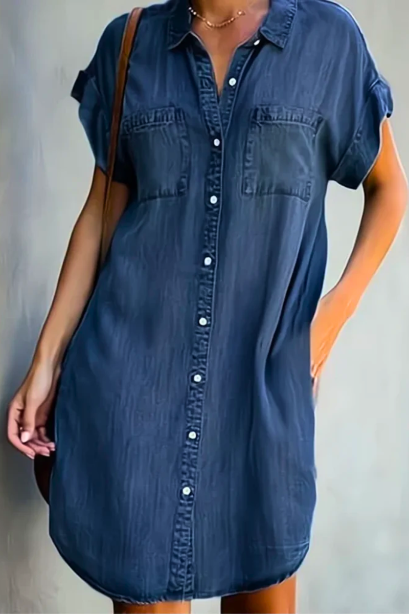 Women's Denim Dress with Short Sleeves and Relaxed Fit
