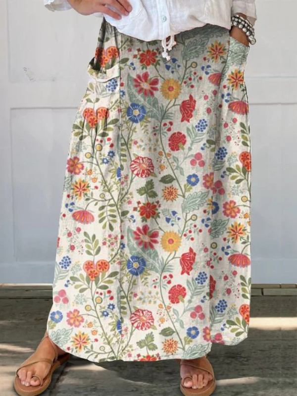 Women's Floral Print Skirt with Elastic Waistband and Pockets
