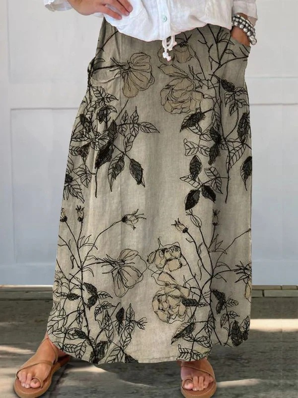 Women's Retro Floral Skirt with Elastic Waistband and Pockets