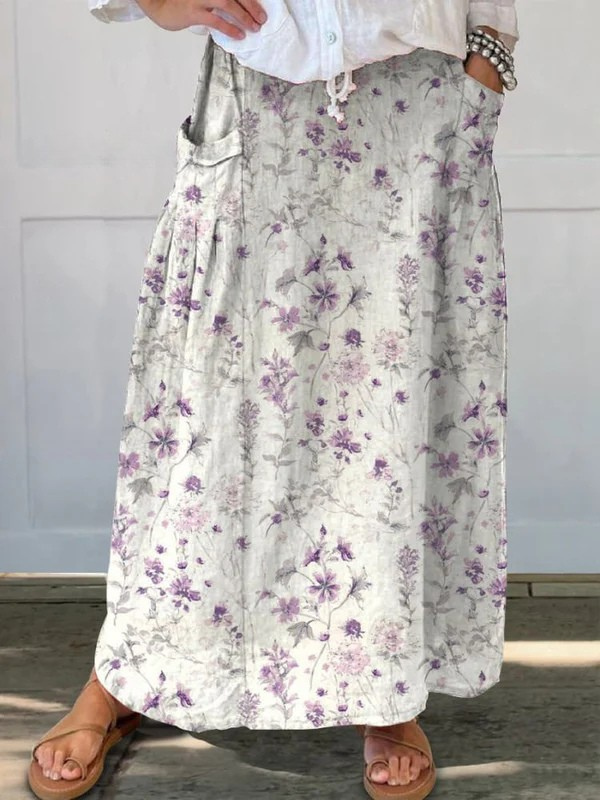 Women's Floral Print Skirt with Elastic Waistband and Pockets