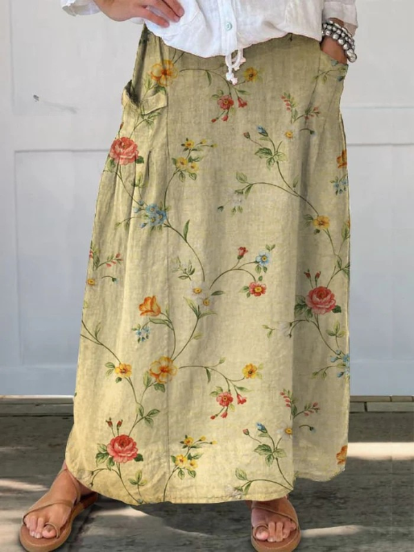 Women's Floral Art Skirt with Elastic Waistband and Pockets
