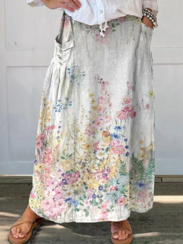 Women's Floral Art Skirt with Elastic Waistband and Pockets